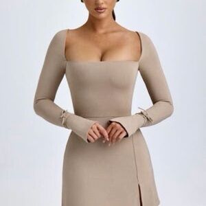 NWT Oh Polly Taupe Square Neck Long Sleeve Mini Dress